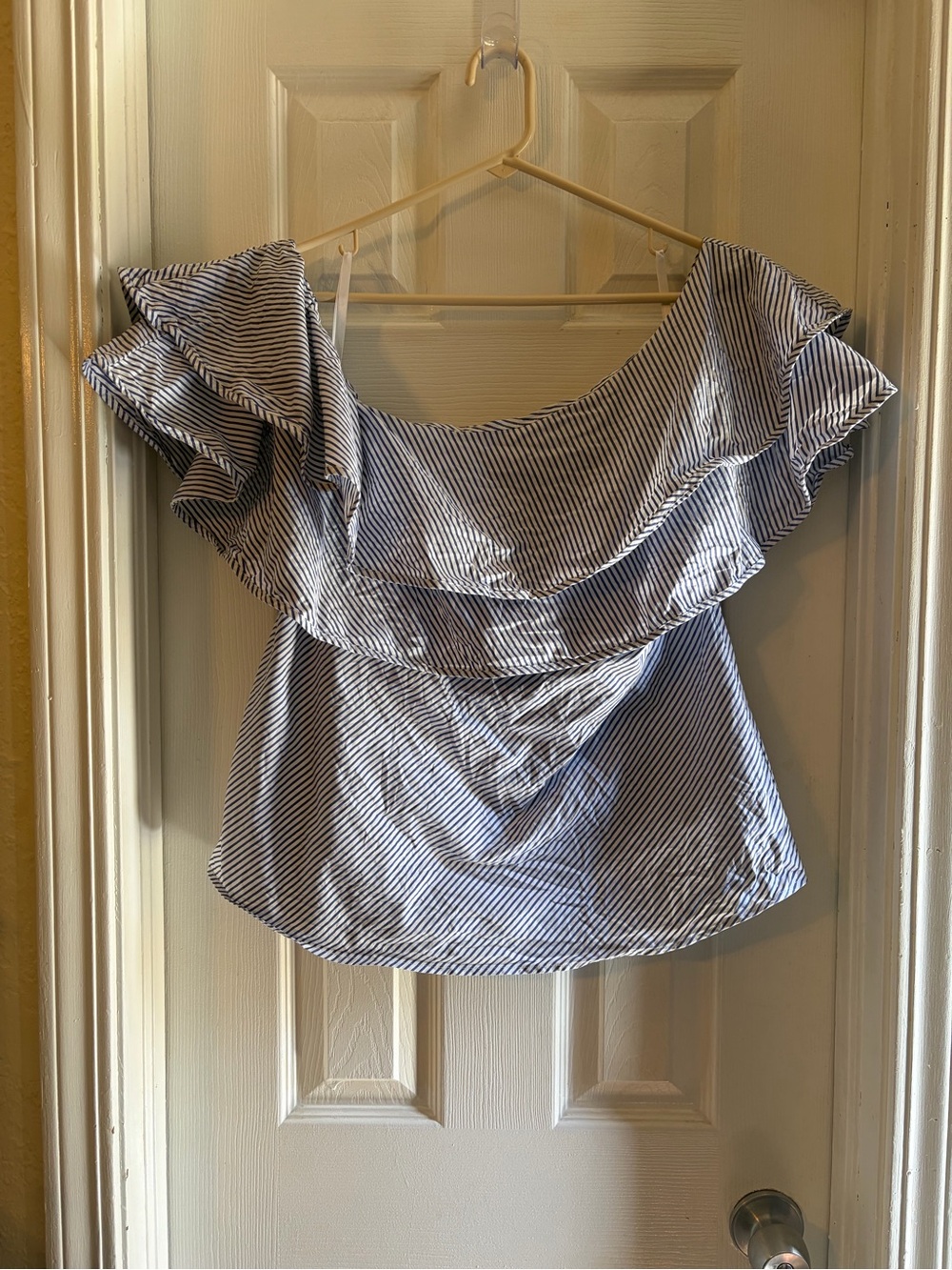 White House Black Market Blue and White Striped Off-Shoulder Ruffle Top